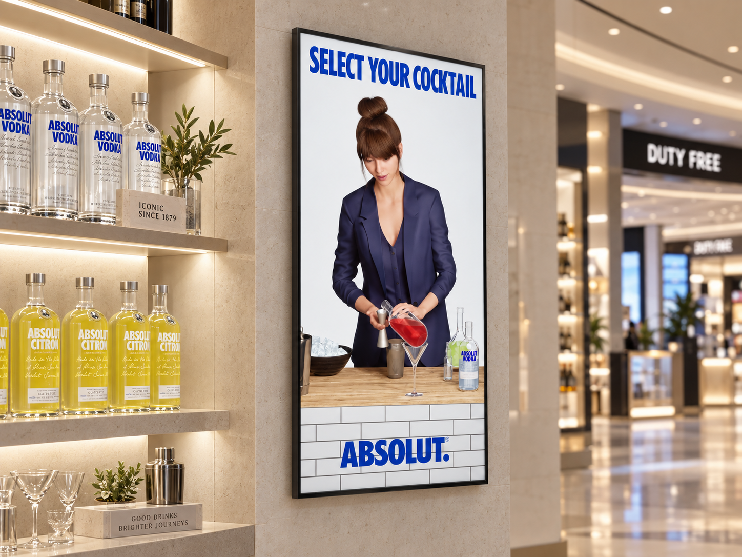 Absolut bartender content on a slim display in a premium duty-free store