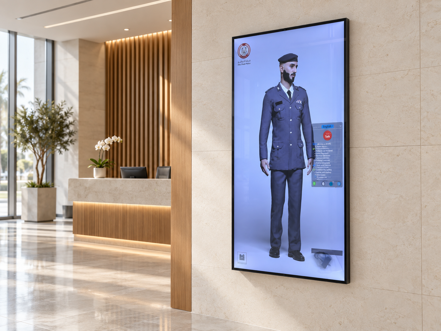 Abu Dhabi Police digital officer on a slim wall-mounted display in a public-service lobby